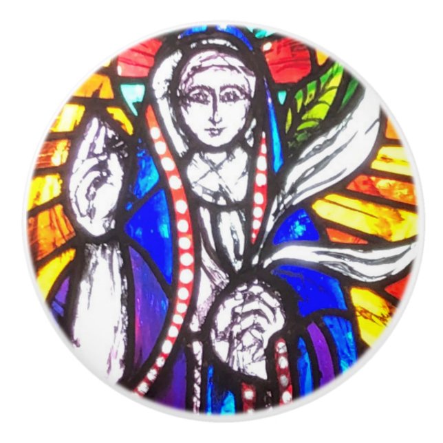 Stained Glass Design with Religious Figure. Ceramic Knob (Front)