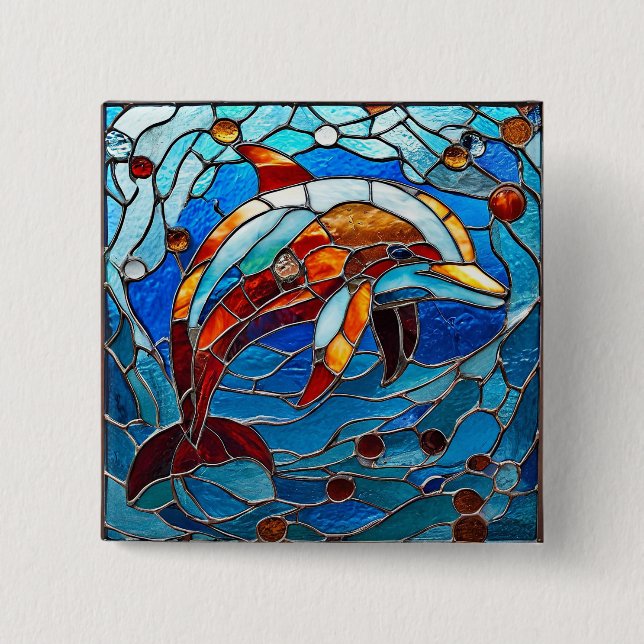 Stained glass dolphin 2 inch square button (Front)
