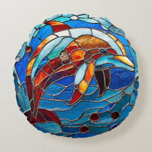 Stained glass dolphin round pillow