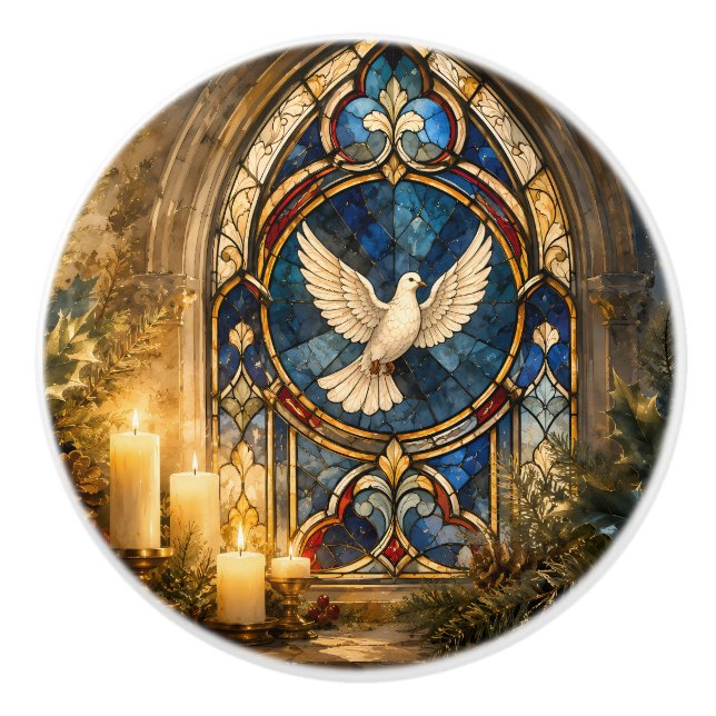 Stained Glass Dove Christmas Window Ceramic Knob (Front)