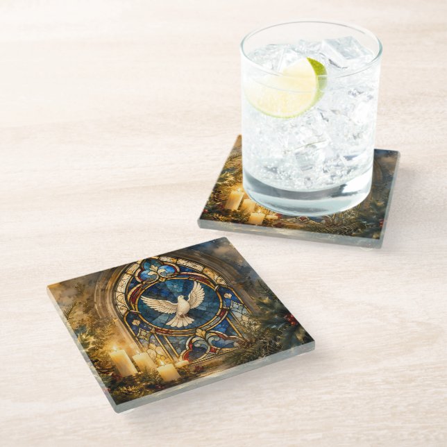 Stained Glass Dove Christmas Window Coaster (Angled)