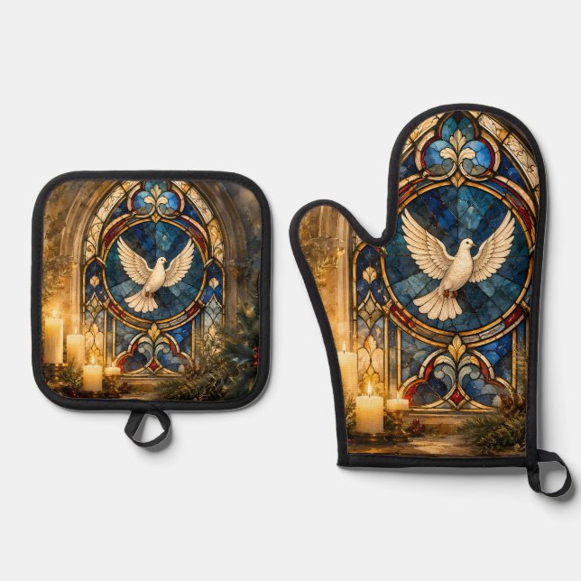 Stained Glass Dove Christmas Window Oven Mitt & Pot Holder Set (Front)
