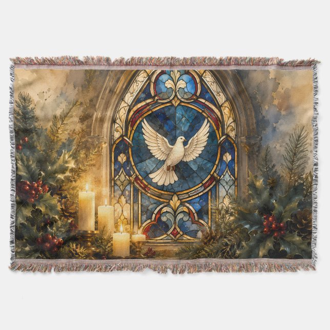 Stained Glass Dove Christmas Window Throw Blanket (Front)