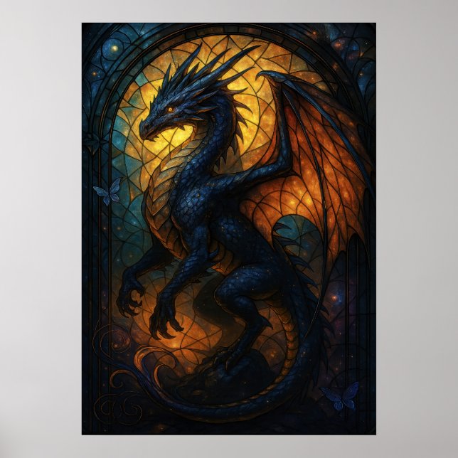 Stained Glass Dragon Fantasy Artwork  Poster (Front)