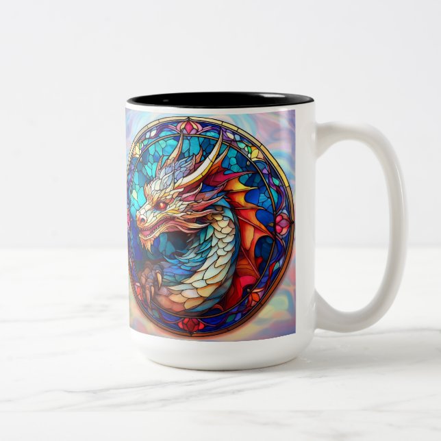 Stained Glass Dragon Right Handed Drinker Two-Tone Coffee Mug (Right)