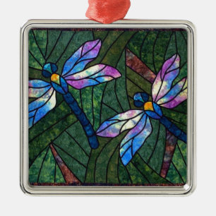 Stained Glass Dragonflies Metal Ornament