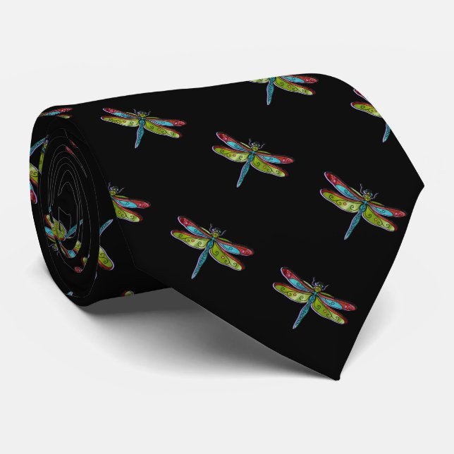 Stained Glass Dragonflies on Black Neck Tie (Rolled)