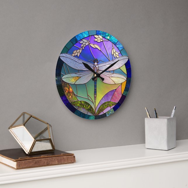 Stained Glass Dragonfly Large Clock (Office)