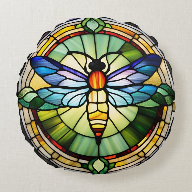 Stained Glass Dragonfly Round Pillow (Front)