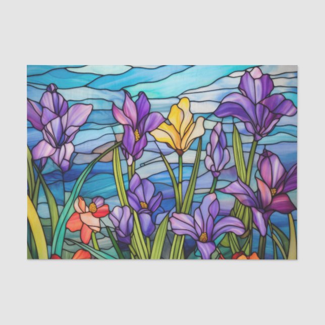 Stained Glass Effect Purple Flowers Decoupage Tissue Paper (Front)