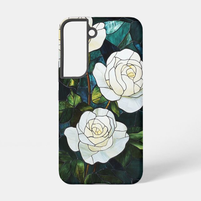 Stained Glass Effect Samsung Case, White Roses Samsung Galaxy S22 Case (Back)