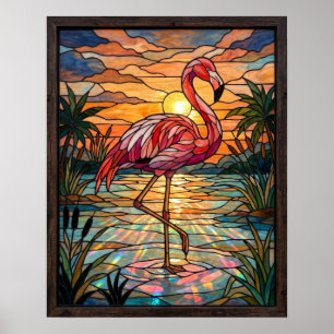 Stained Glass Flamingo Sunset Lagoon Poster