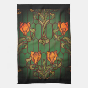 Stained glass floral art nouveau flowers elegant kitchen towel