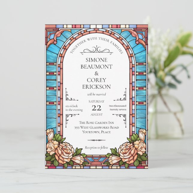 Stained Glass Floral Frame Wedding Invitation (Standing Front)