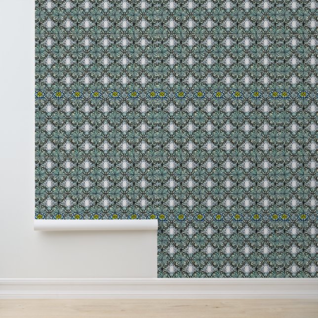 Stained Glass Floral Pattern with Green and Blue Wallpaper (Application)