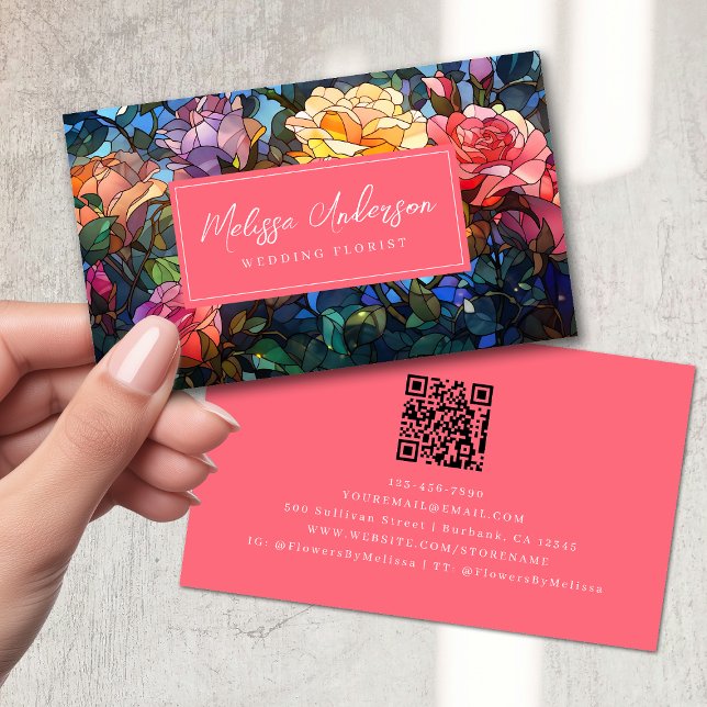 Stained Glass Floral Roses QR Code Business Card (Creator Uploaded)