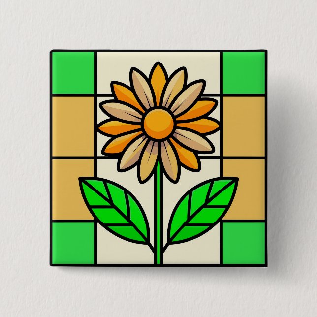 Stained Glass Flower 2 Inch Square Button (Front)