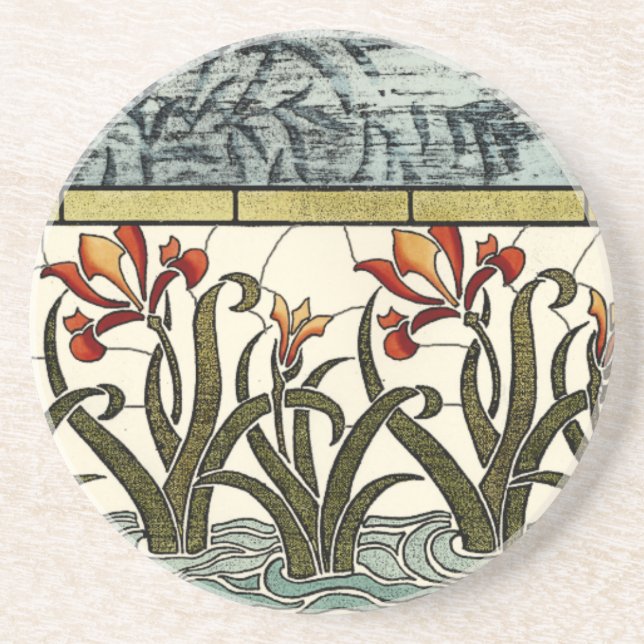 Stained Glass Flowers with Tan Border Coaster (Front)