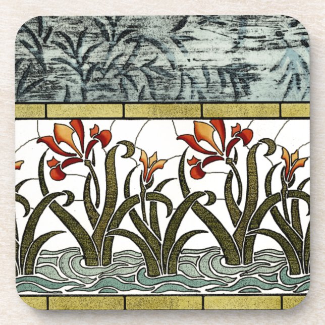 Stained Glass Flowers with Tan Border Coaster (Front)