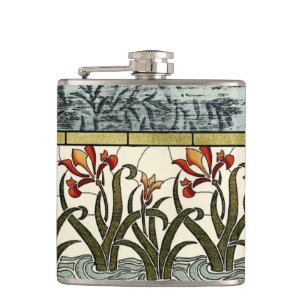 Stained Glass Flowers with Tan Border Hip Flask
