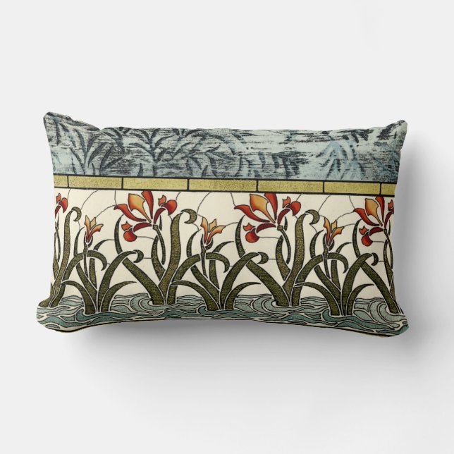 Stained Glass Flowers with Tan Border Lumbar Pillow (Front)