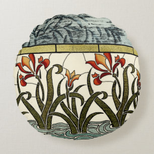 Stained Glass Flowers with Tan Border Round Pillow