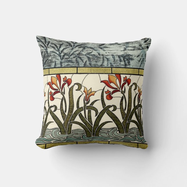 Stained Glass Flowers with Tan Border Throw Pillow (Front)