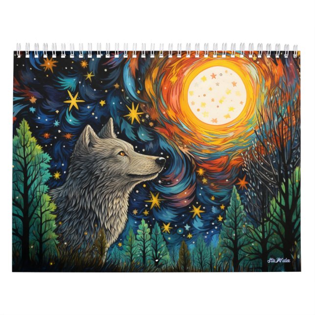 stained glass forest wolf with moon calendar 2024 (Cover)
