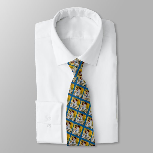 Stained Glass Gold Blue St. George and the Dragon Tie (Tied)