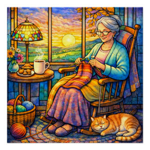 Stained Glass Grandma Knitting, Cat & Cozy Home  Poster