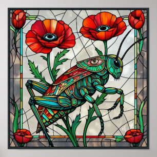 Stained Glass Grasshopper Red Poppy Surreal Eye Poster