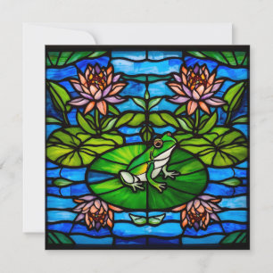 Stained Glass Green Frog and Water Lily Flowers  Card
