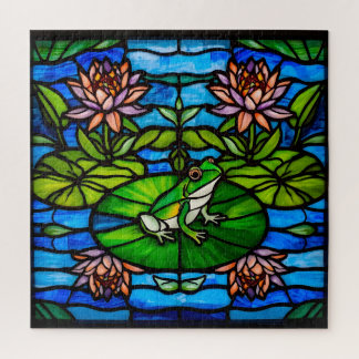 Stained Glass Green Frog and Water Lily Flowers  Jigsaw Puzzle
