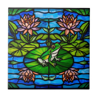 Stained Glass Green Frog and Water Lily Flowers  Tile