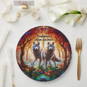 Stained Glass Grey Wolves Pair Paper Plate