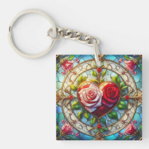 Stained glass heart & roses  keychain