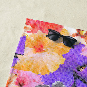 Stained Glass Hibiscus Flowers Collarge, Beach Towel