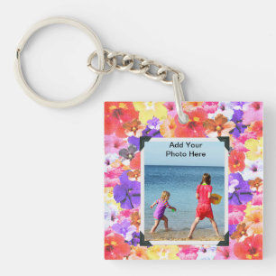 Stained Glass Hibiscus Flowers, Photo Frame Keychain