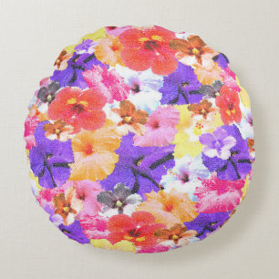 Stained Glass Hibiscus Flowers, Round Pillow