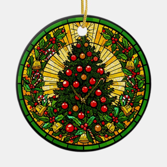 Stained Glass Holly & Bells Tree Ceramic Ornament (Front)