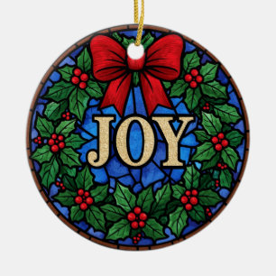 Stained Glass Holly Wreath JOY Ceramic Ornament