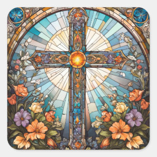 Stained Glass Holy Cross with Flowers Square Sticker