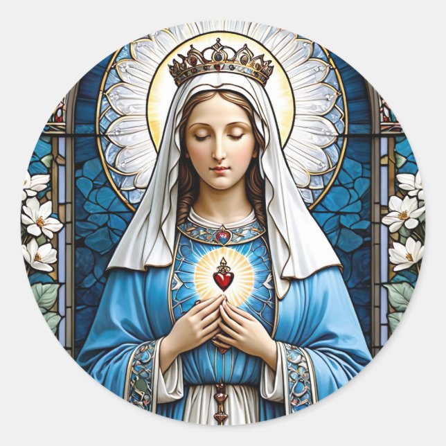 Stained Glass Holy Mary with Sacred Hearts Classic Round Sticker (Front)