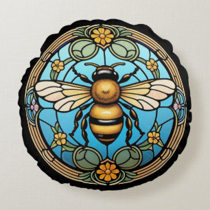 Stained Glass Honeybee Round Pillow