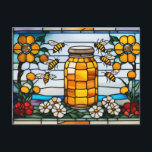 Stained Glass Honeybees and Honey Jar  Postcard<br><div class="desc">Honeybees and garden flowers</div>