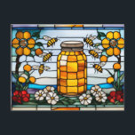 Stained Glass Honeybees and Honey Jar  Postcard<br><div class="desc">Honeybees and garden flowers</div>