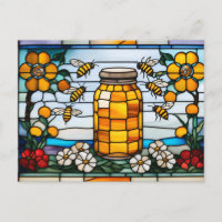 Stained Glass Honeybees and Honey Jar 