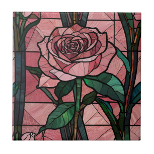 Stained Glass Illustration of a Pink Rose Tile