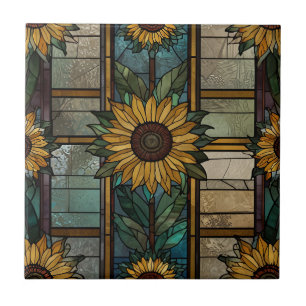 Stained Glass Illustration Sunflower Pattern Tile