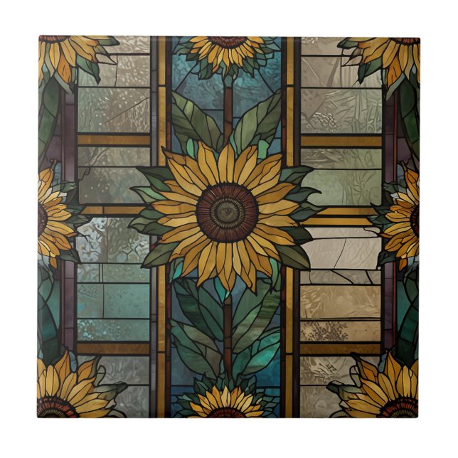 Stained Glass Illustration Sunflower Pattern Tile (Front)